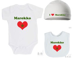 Giftset Geschenkverpakking 3-pack 100% katoenen Romper + Slabber Slabbetje (33 x 22 cm) + Mutsje "Marokko" met hart Marokko Unisex Katoen Wit/rood/groen 62/68