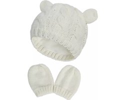 IL BAMBINI - Set Baby gebreide muts ( katoenen voering) met wanten - wolwit - 0/3 maanden