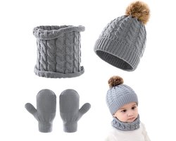 Inovra ® 3-delige Set Baby Muts, Sjaal en Handschoenen voor Winter - Warme Gebreide Set voor Jongens en Meisjes 0-3 Jaar