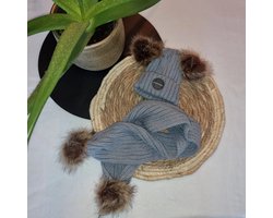 Knaptoetjes kindermode muts en sjaal setje - Gebreid - Muts met twee pompons - Unisex - Meisje - Jongen - 0 tot en met 4 jaar - Grijs