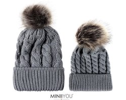 Matching Ouder Baby (3-24 mnd) Winter Muts Pompom - Grijs