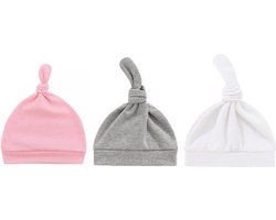 MINIIYOU - 3 pack - newborn babymutsjes met knoop - effen roze - baby muts