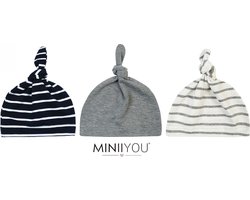 MINIIYOU® 3 pack - Newborn Babymutsjes met Knoop - Grijs Strepen Effen