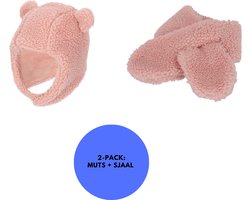 Sarlini - Baby Sjaal & Muts - Set - Teddy Wol - 0-6 Maanden - Licht Roze