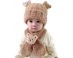 Schattige baby beer muts en sjaal - One size - Warm - Cadeau - Winter - Baby accessoires - Kleding - Twee delig