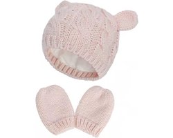 Set baby gebreide muts en wanten roze | 6-18 maanden | beervorm - beren oortjes - kindermuts - wantjes