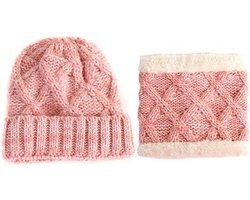 Set muts colsjaal baby - kind - 6-18 mnd - roze wit - dubbele voering