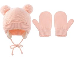 Set Muts (met voering) beren oortjes met oorwarmer en wanten - Roze - 1-3 jaar