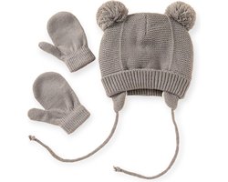 Set: Mutsje met Fleece Voering en Wantjes - Grijs - Acryl / Fleece - Baby Muts - Baby Wantjes - Winter