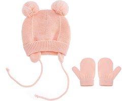 Set: Mutsje met Fleece Voering en Wantjes - Roze - Acryl / Fleece - Baby Muts - Baby Wantjes - Winter