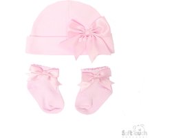 Soft Touch - Baby Geschenkset - Muts & Sokjes met Strik - Roze - 3-6 Mnd