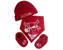 Soft Touch Geschenkset 3-dlg - Kerst - Set - Slabber/Bandana - Slofjes - Mutsje - Baby - Kerst - zwangerschap aankondiging - maat New Born - stuks 1 - Rood/wit