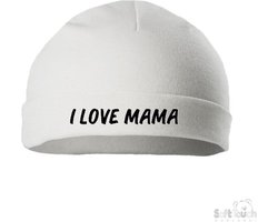 Soft Touch Mutsje Rolmutsje Bedrukt "I Love Mama" Wit/zwart Maat New Born Maat 56