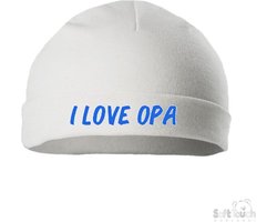 Soft Touch Mutsje Rolmutsje Bedrukt "I Love Opa" Wit/blauw Maat New Born Maat 56