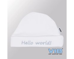 VIB® - Muts rond - Hello World (Wit) - Babykleertjes - baby muts - baby muts newborn - baby mutsje - baby cadeau - kraam cadeau - baby aankodiging