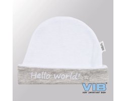 VIB® - Muts rond - Hello World (Wit - Grijs) - Babykleertjes - baby muts - baby muts newborn - baby mutsje - baby cadeau - kraam cadeau - baby aankodiging