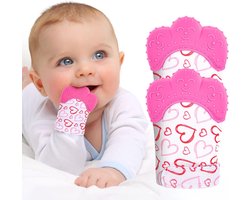 Vicloon Baby Bijtring Handschoenen, 2 Pack Handschoenen Bijtring Speelgoed, BPA-vrij, Verzacht Pijnlijk Tandvlees, Stimuleert Tandjes Handschoenen voor 0-6 Maanden Baby-Rose Hartvorm