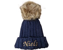 Wintermuts - navy - met naam - geborduurd -baby - peuter -pompom