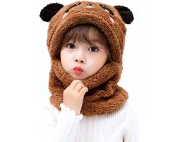 Wintermuts voor kinderen-Kinder Wintermuts-Bonnet Winter Muts Met Nekwarmer-hoeden met schattig decoratieve oortjes bovenop-Gevoerd met fleece- Maat 1-5 Jaar - Bruin