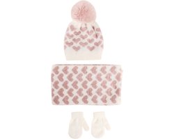 Winterset voor baby's/dreumes 0-3 jaar 3-delig set one size voor meisjes - Beanie muts, sjaal, handschoenen roze met hartjes - warme winterset voor pas geboren baby's voelt zacht en comfortabel - Black friday 2024