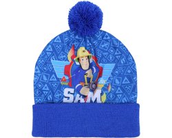 Blauwe, warme wintermuts met pompon Brandweerman Sam 52 cm