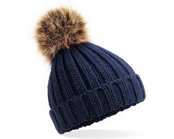 Muts kinderen met imitatie bont | winter | chunky beanie pompom kids | navy | 4  tot en met 8 jaar