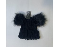 Muts peuter met imitatie bont | zwart | winter | chunky beanie pompom kids | black | 2 tot en met 4 jaar