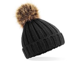 Muts kinderen met imitatie bont | 12+ | zwart | winter | chunky beanie pompom kids | black | winter | 12+ jaar