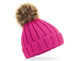 Muts kinderen met imitatie bont | winter | chunky beanie pompom kids | fuchsia | 4tot en met 8 jaar