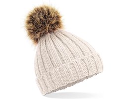 Muts kinderen met imitatie bont | winter | chunky beanie pompom kids | oatmeal | sand/beige | 2 tot 4 jaar