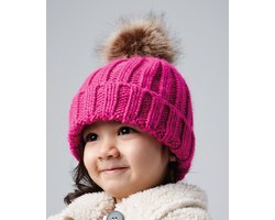 Muts peuter met imitatie bont | roze | winter | chunky beanie pompom kids | fuchsia | 2 tot en met 4 jaar