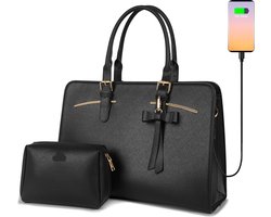 Laptop Tas voor Vrouwen, 15.6 Inch Grote Draagtas Waterdichte PU Lederen Laptop Aktetas met USB Oplaadpoort Dames Schoudertas Handtas voor Zakelijk Werk Winkelen, 2 stks Set Zwart