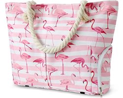 Strandtas, XXL, 30 liter, grote schoudertas met ritssluiting en schoenenvak, waterdichte strandtas, strandtas voor strand, reizen, zwembad, winkelen, Flamingo - Roze