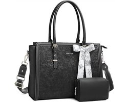 Tas Handtas voor dames, laptoptas luxe damesshopper 15,6 inch PU Leer draagtas met bloem strikje, ideaal voor Macbook, HP, Dell, Asus Notebook, voorkant hibiscus, voor kantoor computertas met zijden sjaal strikje en portemonnee, zwart