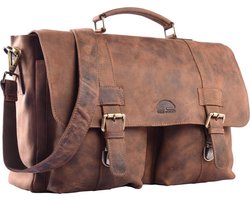 WILD WOODS Ruime Leren Aktetas met Schouderband – 15,6 inch laptopvak – Schoudertas – Buffelleer – Vintage Bruin