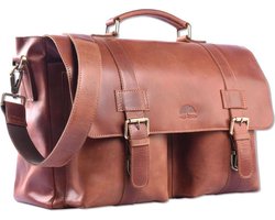 WILD WOODS Ruime Leren Aktetas met Schouderband – 15,6 inch laptopvak – Schoudertas – Oil Pull-up Leer – Cognac