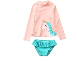 Badpak Meisje Lange Mouw – Zwemkleding lange mouwen – Zwempak Unicorn – Roze Turquoise – Maat 92/98