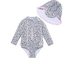 Badpak voor Baby Meisje Eén Stuk UPF 50+ UV Rashguard met Rits patroon in zwart-witte stippen Maat 74 - 80 cm (9-12 M)