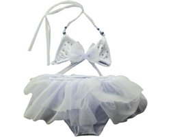 Maat 56 Luxe Bikini zwemkleding Wit met steentjes en strik badkleding tule rok voor baby en kind zwem kleding