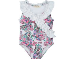 Supercute baby badpak wit paisley met witte ruffels maat 68/74