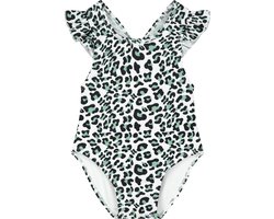 Supercute badpak dierenprint met drukknopen panterprint wit gekruiste bandjes maat 74-80