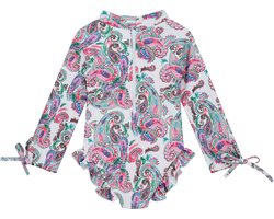 Supercute badpak UV-Zwempak - UPF50+, wit paisley print met lange mouwen, ruffels en rits sluiting maat 68/74