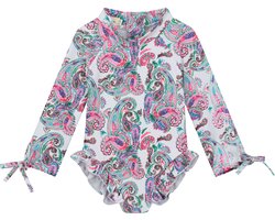 Supercute badpak wit paisley print met lange mouwen, ruffels en rits sluiting maat 68/74