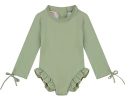 Supercute UV badpak UV-Zwempak - UPF50+, lichtgroen met lange mouwen, ruffels en drukknoop sluiting maat 62/68