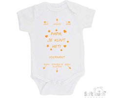 100% katoenen Romper "Arm - Hoofd - Arm - Papa, je kunt het! - Been - Openen & Sluiten - Been" Unisex Katoen Wit/mosterd Maat 56/62