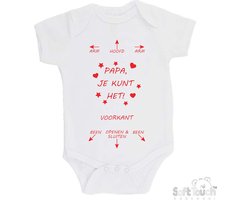 100% katoenen Romper "Arm - Hoofd - Arm - Papa, je kunt het! - Been - Openen & Sluiten - Been" Unisex Katoen Wit/rood Maat 68/74