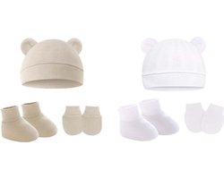 2 Setjes - Baby Newborn Muts, Krabwantjes en Slofjes - Beervorm Beige en Wit