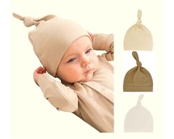 3 pack - Newborn Babymutsjes met Knoop - Wit - Bruin - Beige (0-3 maanden)