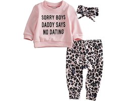 Kinderpakje Meisjes Set “Sorry Boys Daddy Says No Dating” - Maat 70 - Sweatshirt - Luipaard Legging - Top En Broek - Outfit - Met Hoofdband