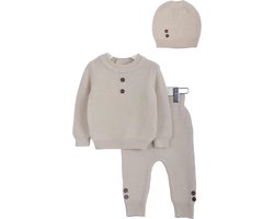 Minora Baby Winter Kledingset- Broek, Trui en Muts- Babykleding Jongens en Meisjes-Bovenkleding en Broeken- Kraamcadeau - Babyshower-Newborn driedelige gestreepte-9/12 Maanden-Beige